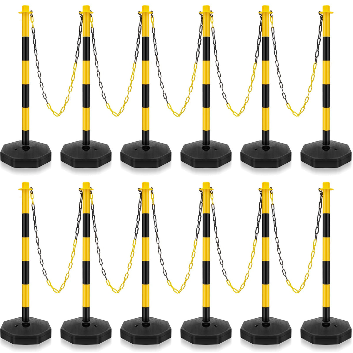 Konohan 12 Sets 34 Inch Parking Cone Delineators Post Traffic Cone Plastic Stanchion Set Stands Parking Barrier with Base 6.6 ft Chain S Hooks Reflective Collar (Yellow,Black)