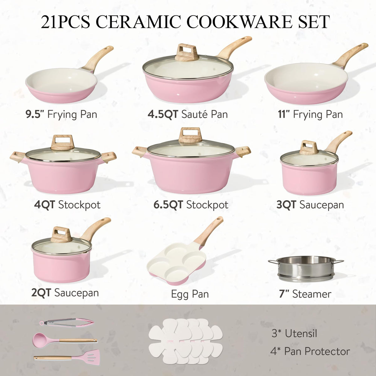 CAROTE 21 PCS Ceramic Cookware Set, Pots and Pans Set Non Stick, Pot and Pan Set with Frying pan, Induction Ready Cooking Set for Kitchen, PFOS/PFOA/PFAS Free, Pink