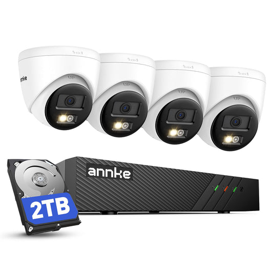 ANNKE H500 5MP PoE Security Camera System, 4pcs 3K Outdoor IP Cams, Red and Blue Light Alarm, AI Detection, 8CH NVR with 2TB HDD for 24/7 Recording, Two-Way Audio, Color Night Vision, IP67