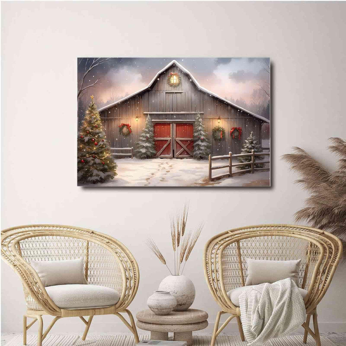 Canvas Wall Art Christmas Tree Farm Wall Art Winter Barn Print Snowy Barn Painting Rustic Farm Picture Farmhouse Winter Print 12x18in-UnFramed
