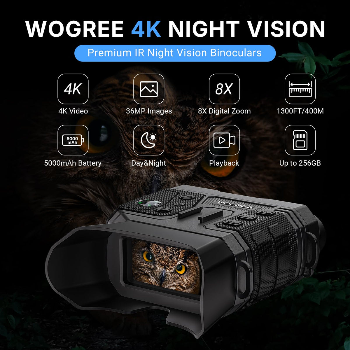 WOGREE Night Vision Goggles, 4K Night Vision Binoculars for Adults, 36MP Photo, 5000mAh Rechargeable Battery, 1300FT Range, 8X Digital Zoom, Infrared Vision, 32GB SD, Flashlight & Compass for Camping
