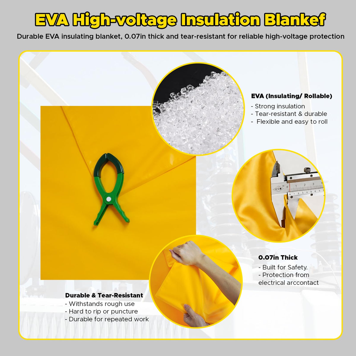 3.3' x 4.9' 17KV High Voltage Insulating Blanket with 4 Safety Clamps - EVA Electrical Insulated Mat for Substation Distribution Room, Yellow