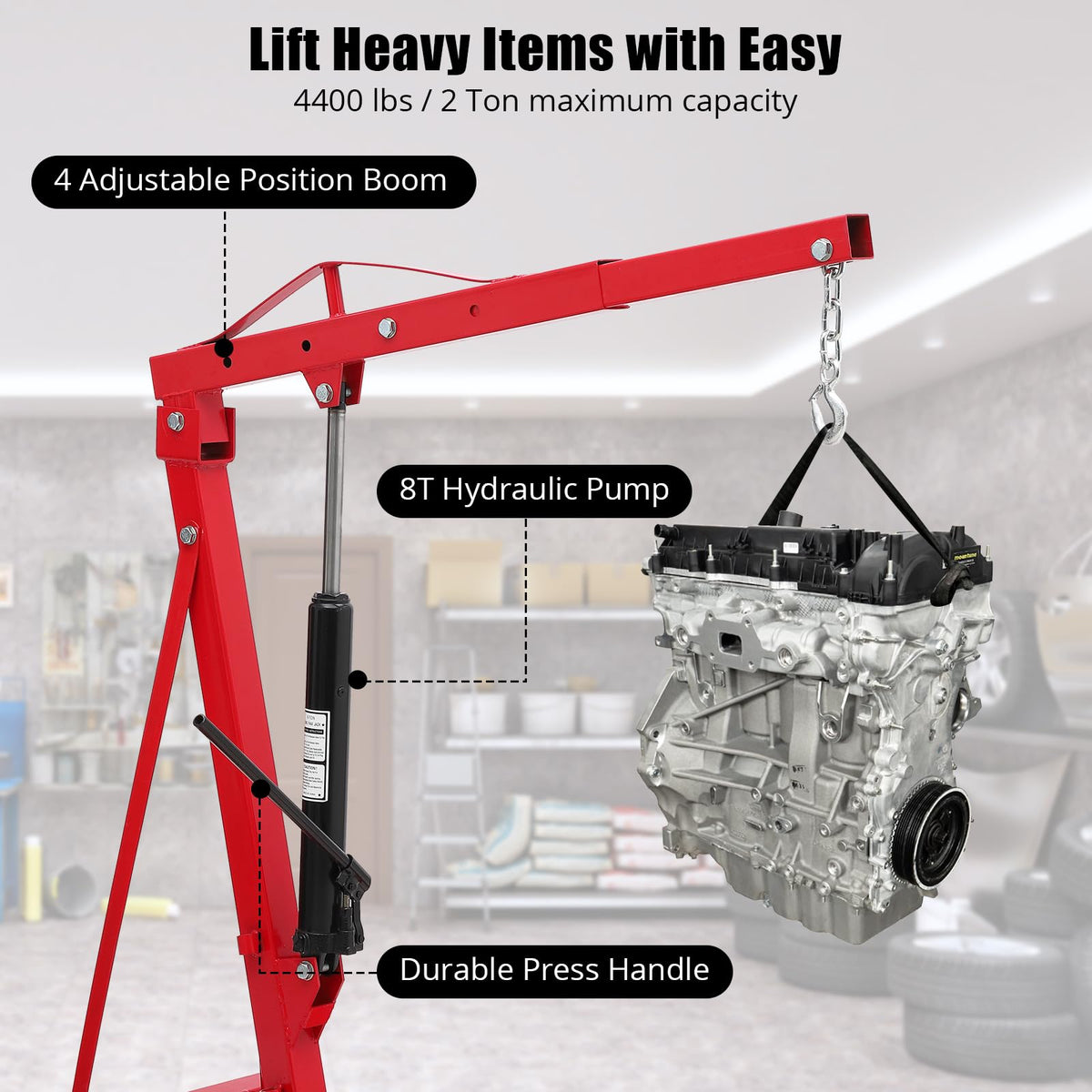 Industrial Engine Hoist, 2-Ton Heavy Duty Engine Hoist Stand Cherry Picker Ship Crane with 6 Caster Wheels & Telescopic Boom Hitch, Folding Hydraulic Tilting Engine Lift 4400lbs for Garage Workshop