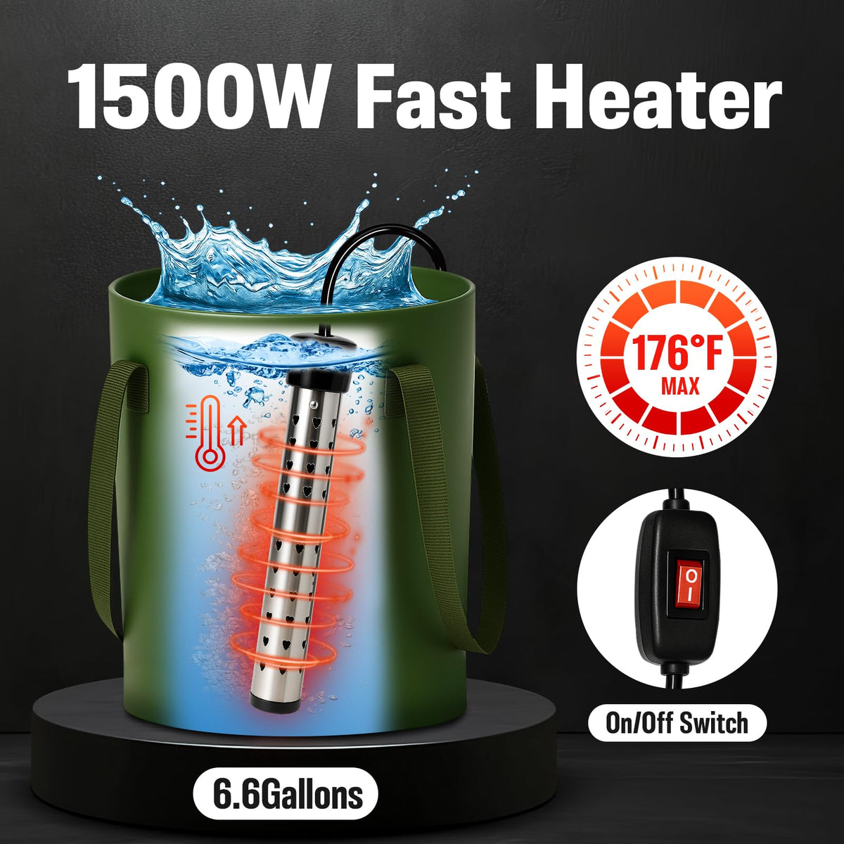 Motivekit™ Portable Camping Shower Tent Kit with LED Lights | 6.6 Gallons Foldable Bucket, 6000mAh Shower Pump, 6' 7" Shower Head, 1500W Immersion Heater, Summer Beach Outdoor Shower for Hiking Beach