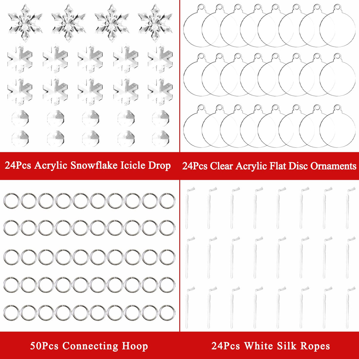 24 Pack Christmas Tree Ornaments Set - 3 Inch Clear Acrylic Flat Disc Ornaments DIY Christmas Crafts with Transparent Crystal Snowflakes for Xmas Winter New Year Party Hanging Decorations