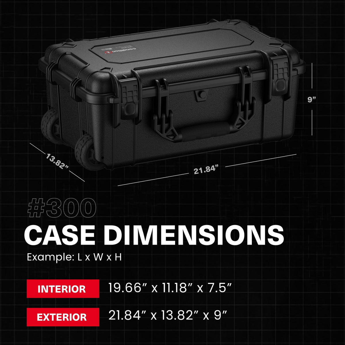 Condition 1 22" Large Rolling Lockable Hard Storage Case with Foam, Model 300, Waterproof Protective Box for Camera, Tactical, Scientific Gear, Made in USA, 21.84"x13.82"x9", Gun Metal Gray
