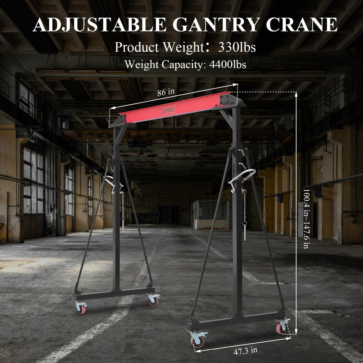 2 Ton Gantry Crane - MAX4400Lbs, Shop Crane with 360° Locking Wheels & Adjustable Height 100.4" to 147.6", Lifting Gantry for Factories Warehouses Garage Use