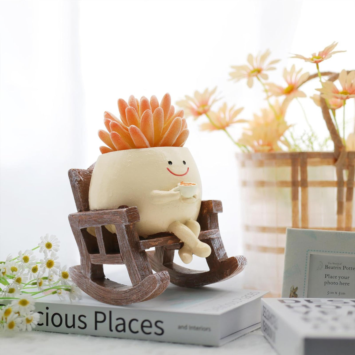 MUZZIOU Smiley Face Planter Pot, Cute Resin Smile Face Flower Head Plant Pot, Creative Flower Pot for Indoor Outdoor Plants, Funny Home Decoration (Drinking Coffee)