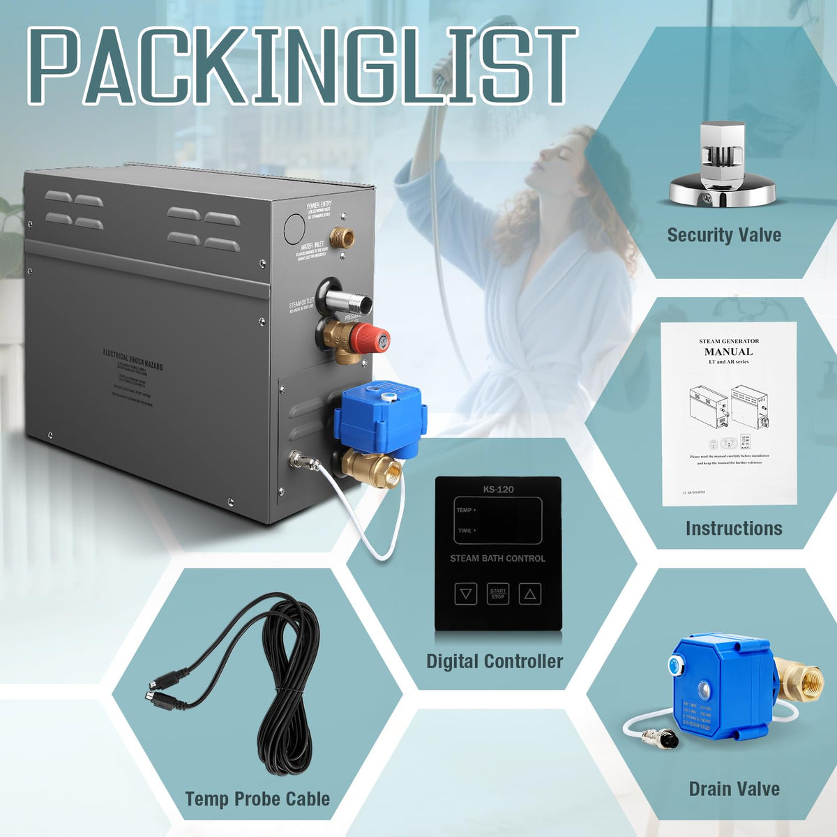6KW Steam Generator-Quick start continuous steam，with Black digital control panel Self-Draining System, 95-131°F Temp Control,Can be used for heating a space area of 6m³/211Cu.ft.(6KW 220V)