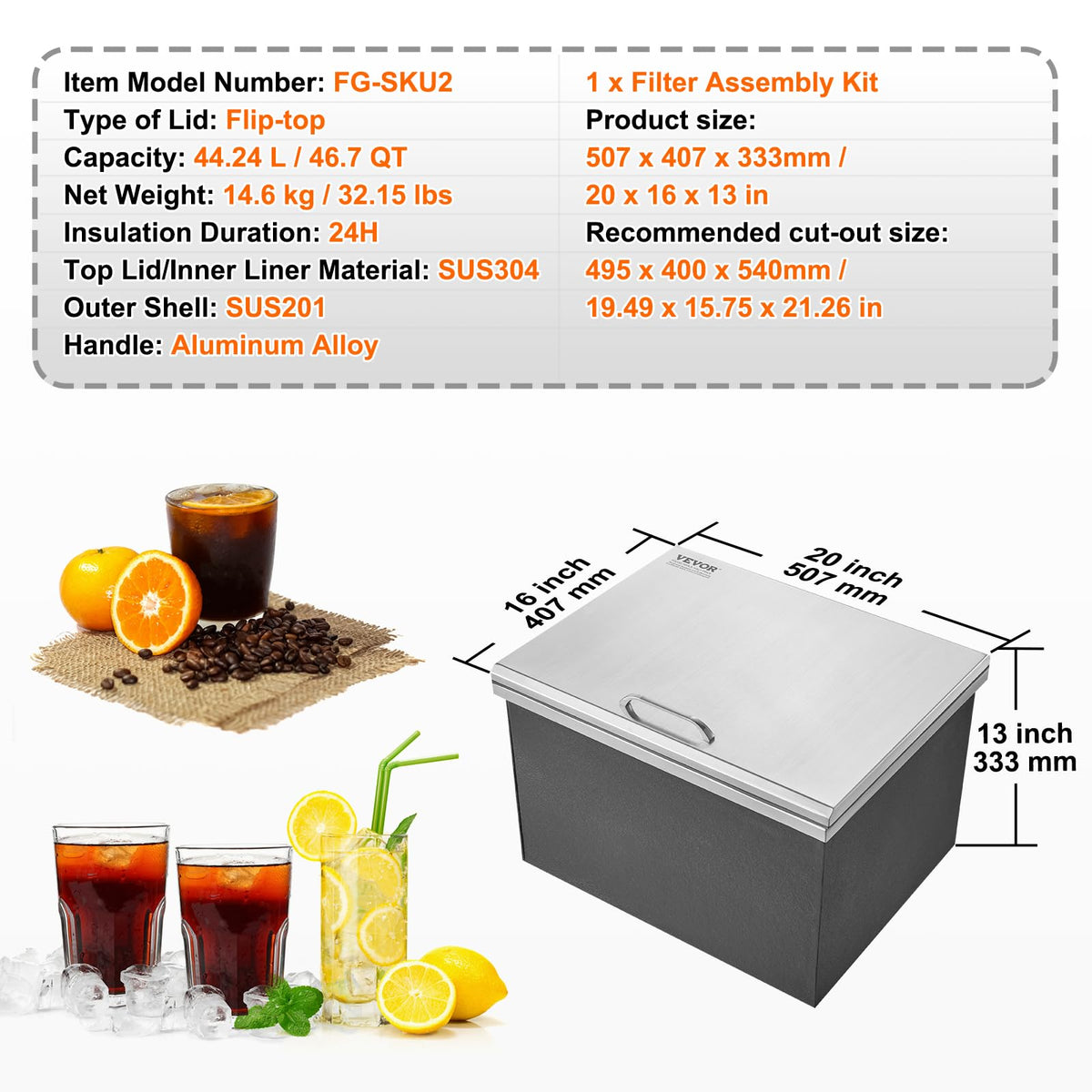 VEVOR Drop in Ice Chest, 20" L x 16" W x 13" H Stainless Steel Ice Cooler, Commercial Ice Bin with Hinged Cover, 40 qt Outdoor Kitchen Ice Bar, Drain-Pipe and Drain Plug Included, for Cold Wine Beer