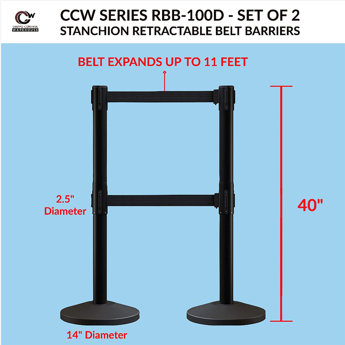 CCW Series RBB-100D - Set of 2 Stanchion Retractable Belt Barriers Dual Belt - Easy to Assemble, No Tools Required (11 Foot Belt, Black Belt with Black Post)