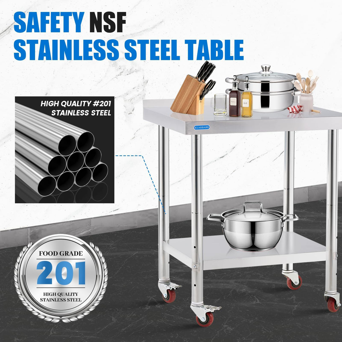 KUARBARR Stainless Steel Table for Prep & Work with 4 Caster Wheels with Backsplash 24 x 30 NSF Metal Commercial Kitchen Adjustable Under Shelf Worktable for Restaurant Home Outdoor