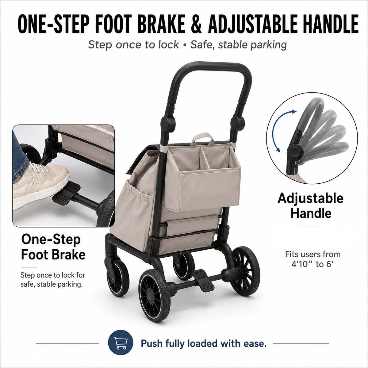 Foldeavor Stroller-Grade Folding Shopping Cart with One-Step Foot Brake, Smooth-Glide Large EVA Wheels, 35L Water-Resistant Grocery Bag, 110 lbs Heavy Duty Foldable Utility Trolley