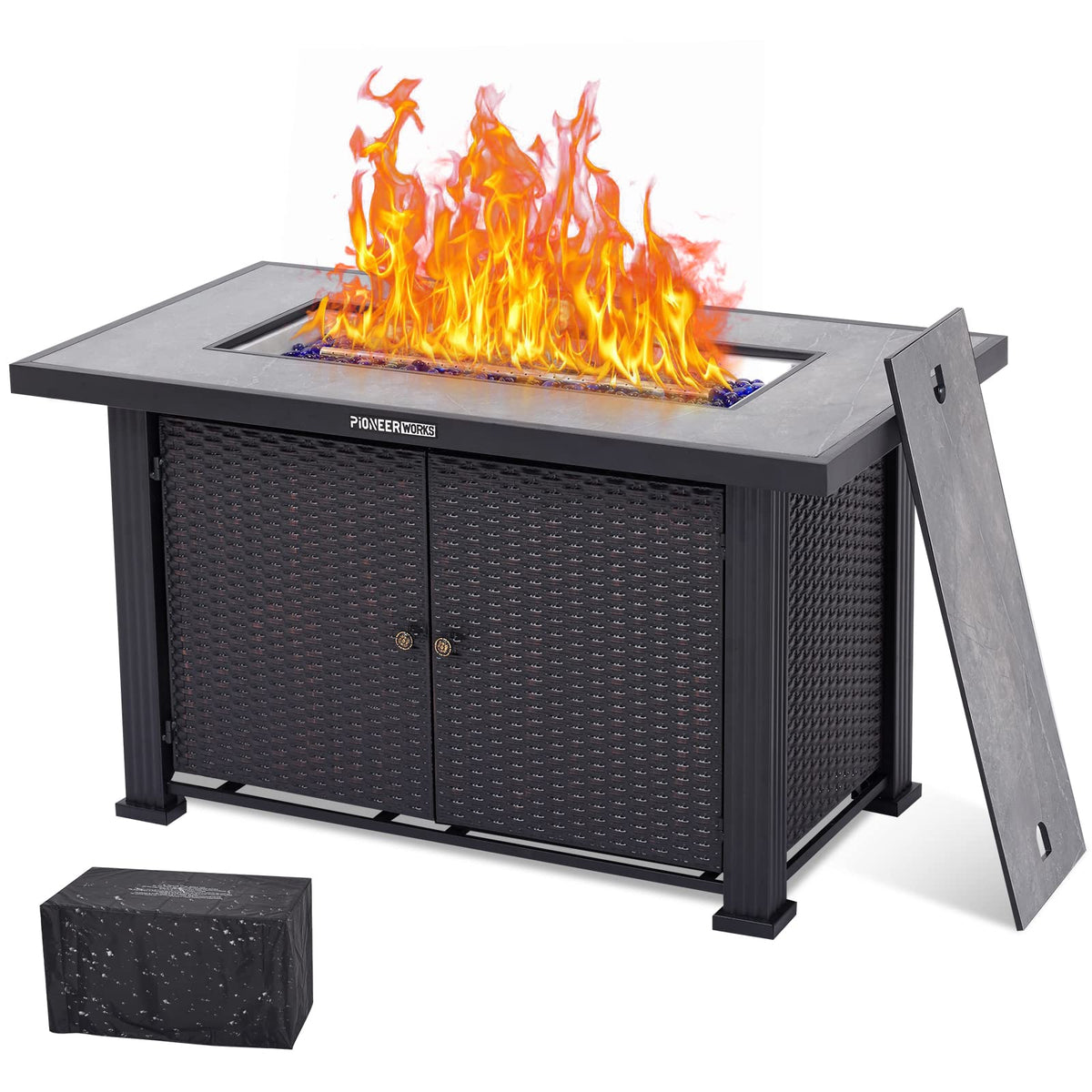 Garvee 44 in Propane Fire Pit Table (Double Door), 50000BTU Rectangle Fire Table with Cover & Rain Cover, Sturdy Steel and Iron Fence Surface, CSA Safety Certified, Companion for Your Garden