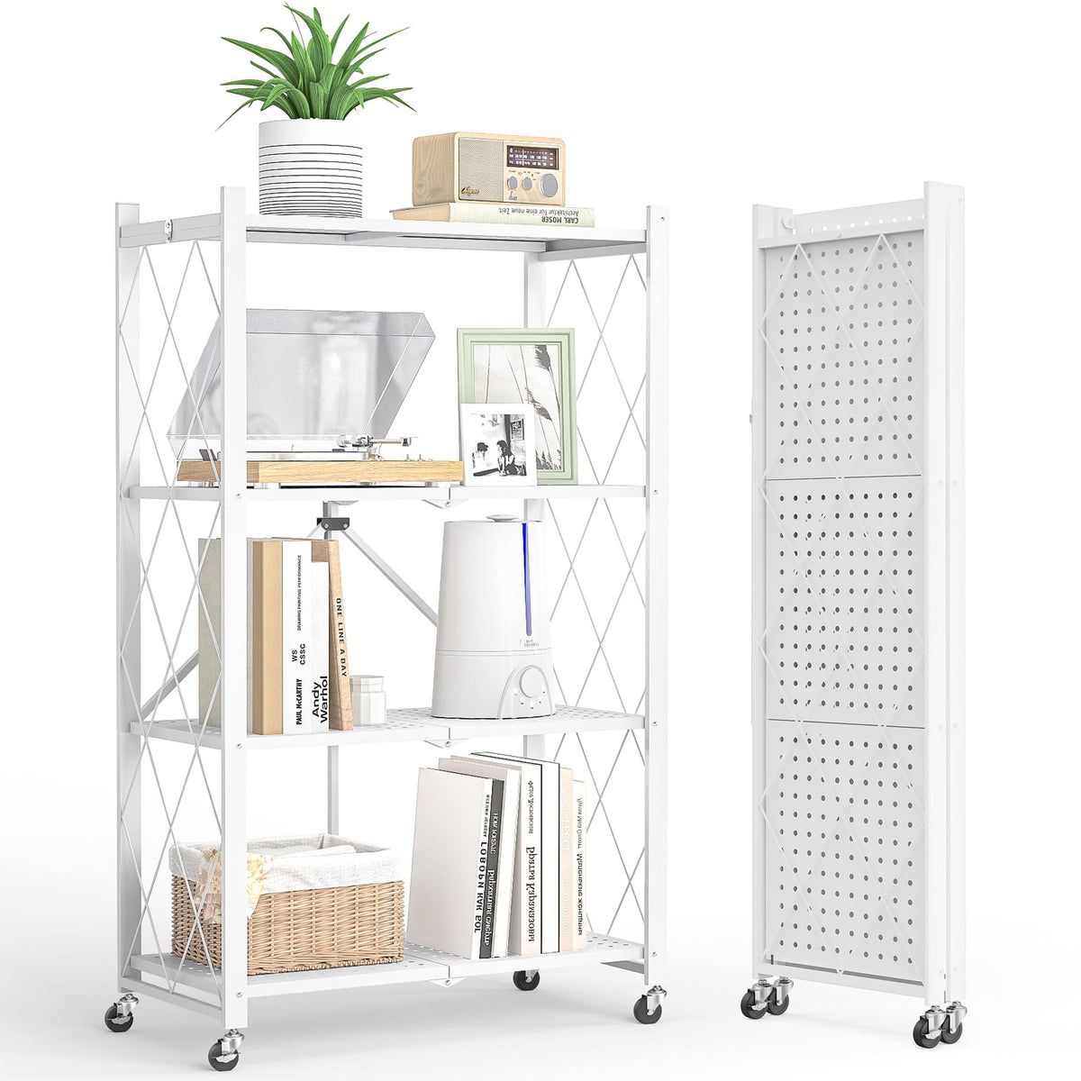 4 Tier Shelf Foldable Storage Shelf w/360° Movement Wheels, No Assemble Shelving Storage, Heavy Duty Folding Shelves, Garage Shelf Storage Organizer for Laundry, Kitchen, Utility Room(White, 4Tier)