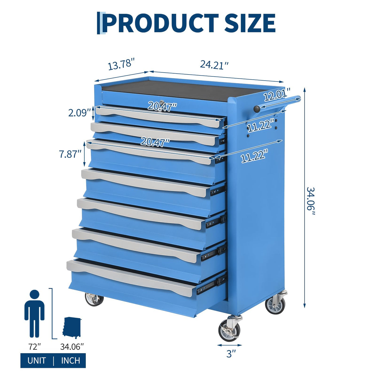 7-Drawer Tool Chest, Rolling Tool Cart, Large Capacity Tool Storage Cabinet with Keyed Locking and Drawer Liners, Link Buckle, and Can Be Combined to Large Cabinet Set, for Garage, Workshop, Warehouse
