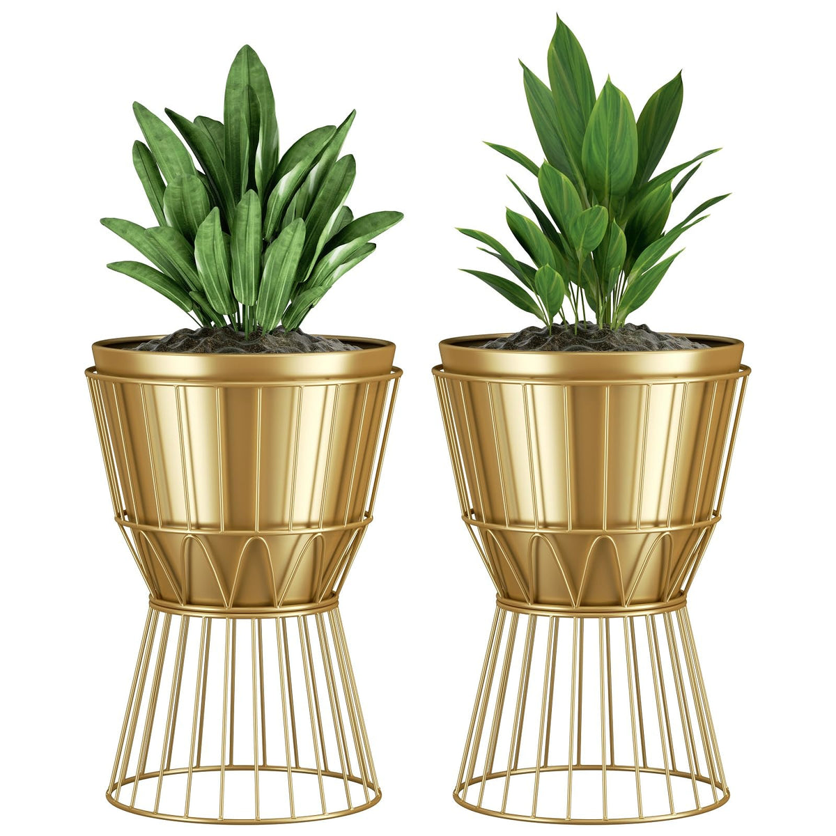 Ecomosita Planter with Stand Gold Metal Plant Pot with Stand - 12 Inch Unique Modern Flower Pots Indoor with Gold Plant Stand with Drainage, 2 Pack