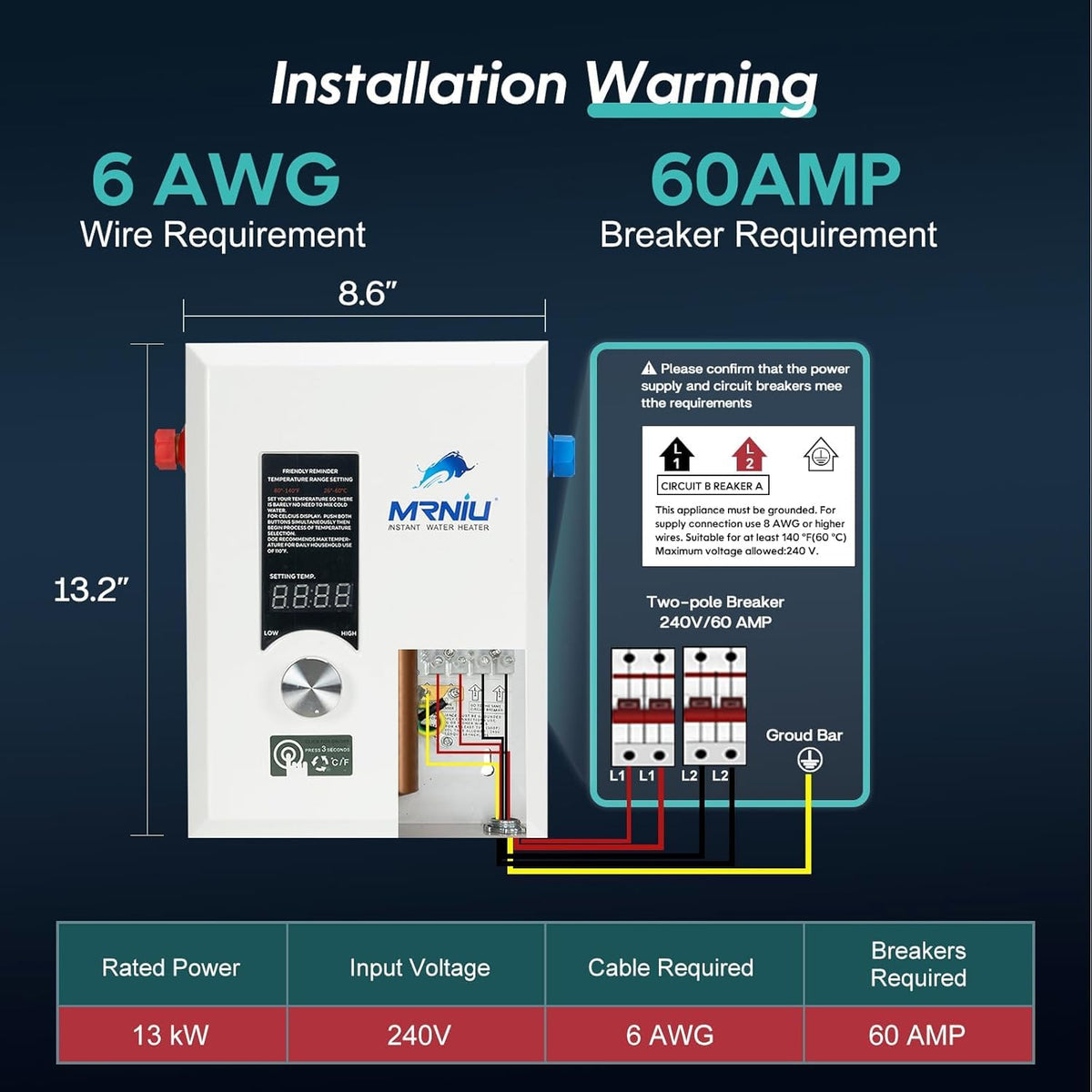 240V Tankless Water Heater, 27kW Electric Instant Hot Water Heater with LED Temperature Display, On-Demand Endless Hot Water for Whole House Shower, Space-Saving Design for Residential Use