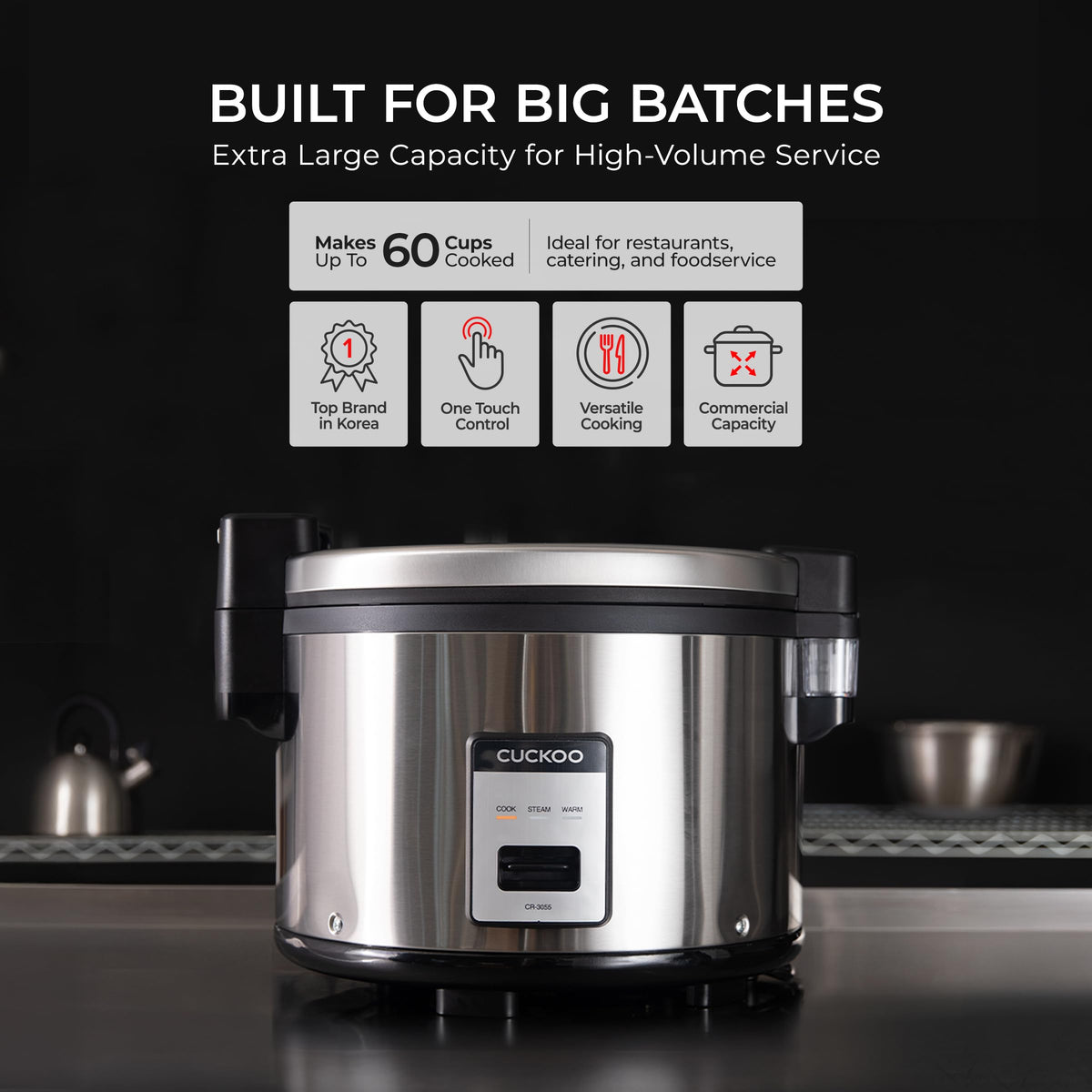 CUCKOO Commercial Rice Cooker & Warmer, Extra Large Rice Cooker 30-Cup Uncooked / 60-Cup Cooked, Professional Industrial Grain Cooker with Large Capacity, Easy One-Touch Operation, Silver (CR-3055)