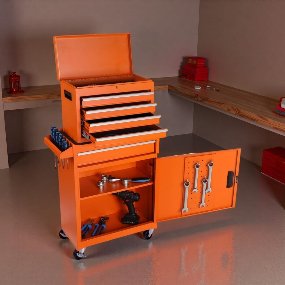 Trygoal Tool Chest, 5-Drawers Rolling Tool Storage Cabinet with Detachable Top, Adjustable Shelf, Lockable Wheels & Locking Mechanism, Multifunctional Tool Cart for Garage Warehouse, Orange