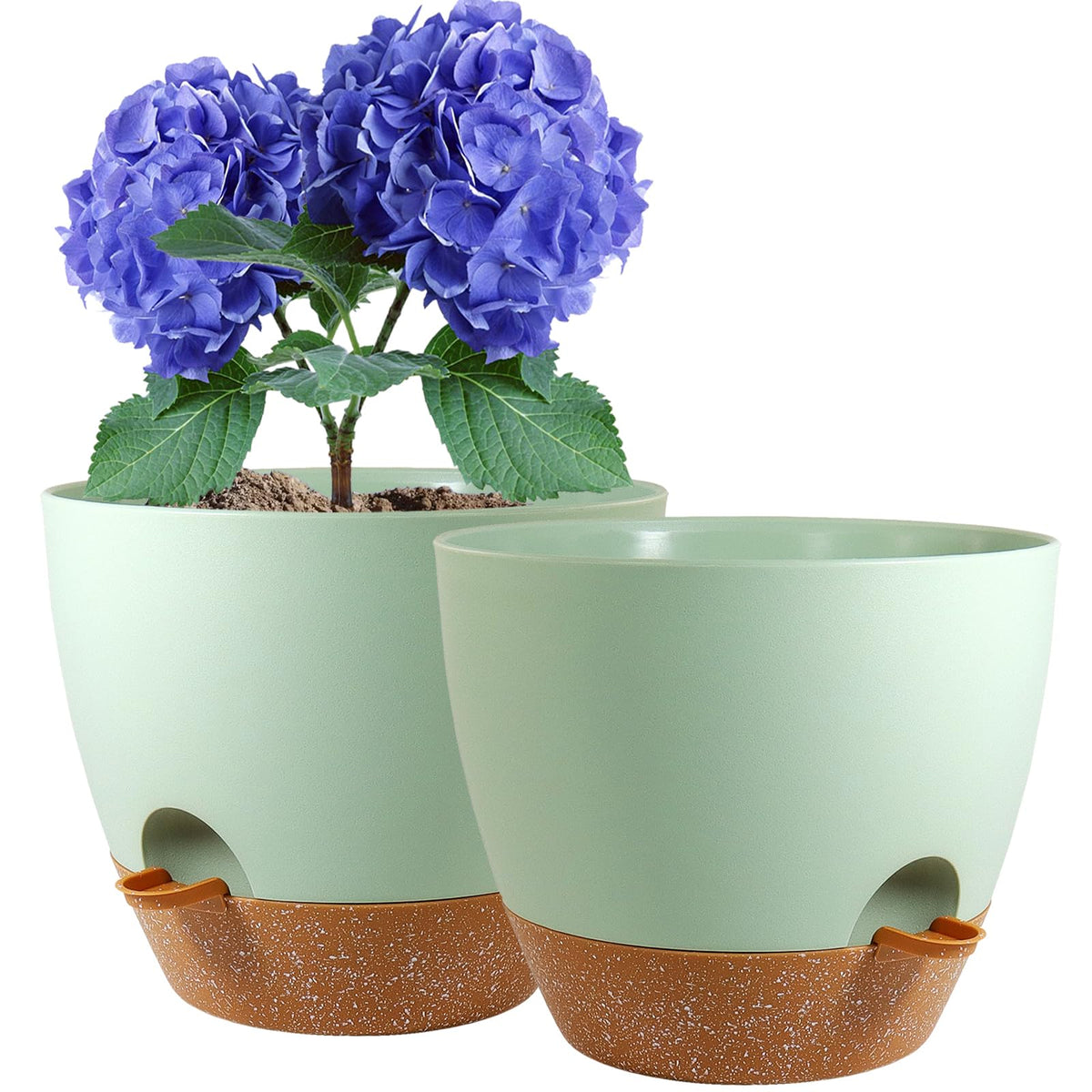 WSMKSZ 8 inch Self Watering Pots, 2 Pack Plastic Planters with Mesh Drainage Holes for Garden Plants and Flower, Plants Pots with Deep Reservoir for Indoor Outdoor Plants, Green with Brown