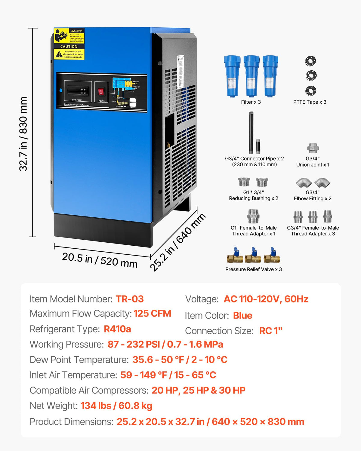 VEVOR Compressed Air Dryer, 125CFM Refrigerated Air Dryer, 110-120V Industrial Refrigerated Air-Drying System for 20HP, 25HP & 30HP Compressors - with Color Screen Control Panel and Automatic Drainage