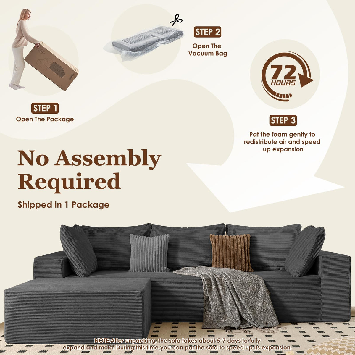 INGEROOM 108" Cloud Sectional Couch with L-Shape Chaise, Modular Sofa Memory Foam, Boneless Sofa with Movable Ottoman, Upholstered Couches for Living Room Bedroom, No Assembly Required, Dark Gray