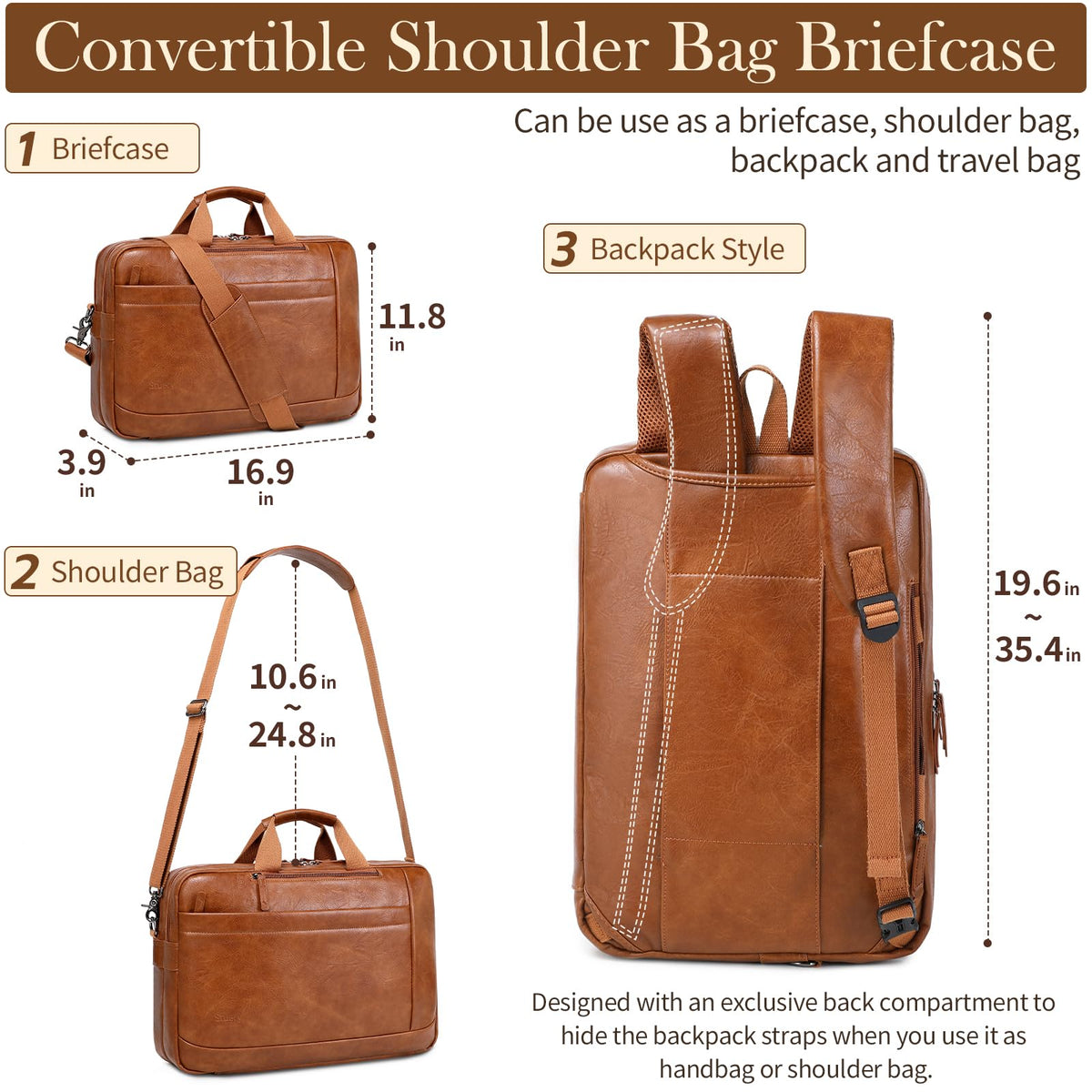 Faux Leather Messenger Bag for Men | 17-17.3 Inch Leather Mens Laptop Bag Leather Briefcasen Convertible Backpack 3 in 1 Computer Handbags Work Bag Shoulder Crossbody Bag Office | Vintage Brown