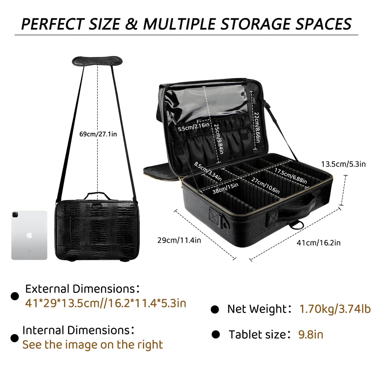gzcz Large Capacity Travel Makeup Case Organizer,Professional Cosmetic Bags for Women,Waterproof PU Leather Makeup Bag with Adjustable Dividers and Shoulder Strap for Brushes and Jewelry