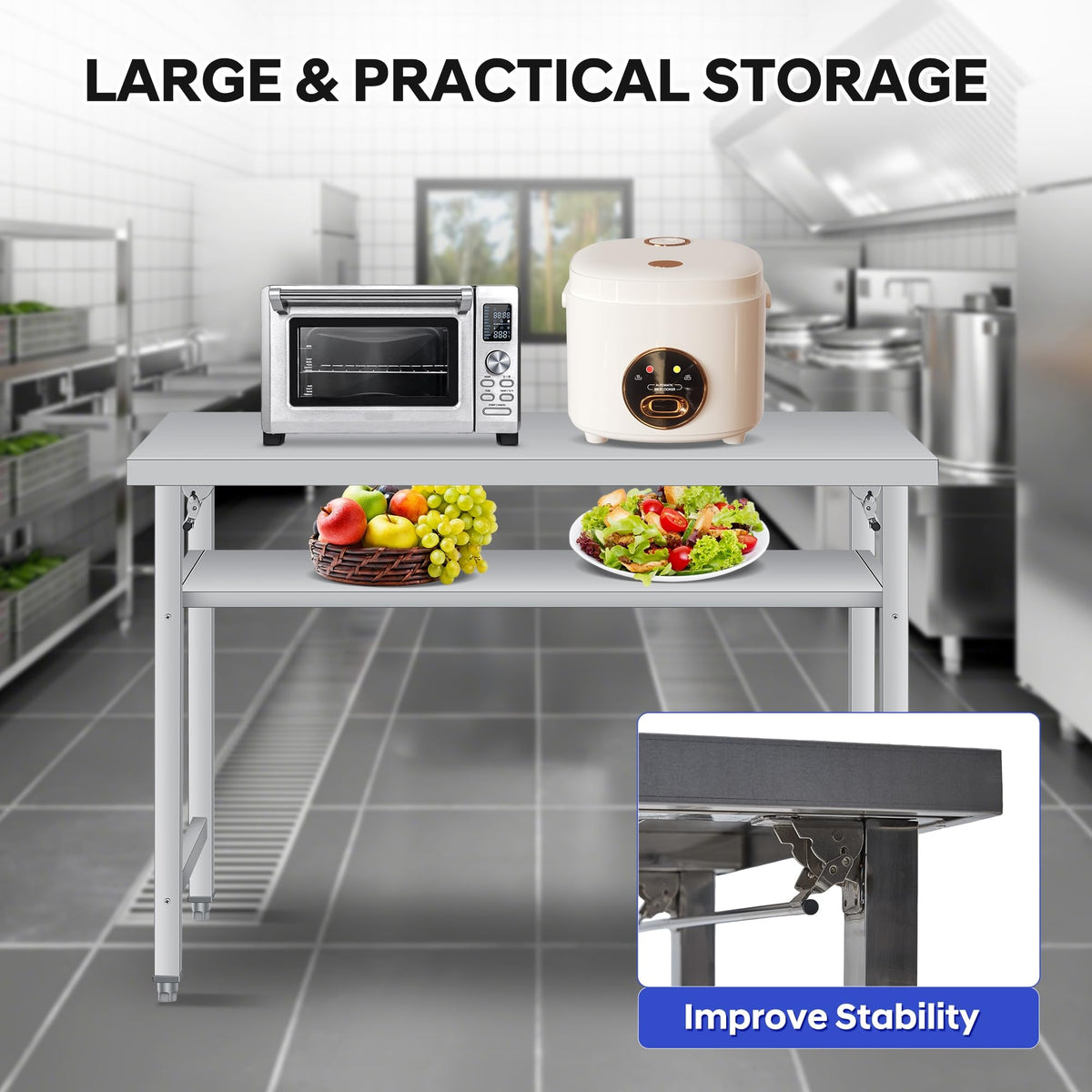 GlowSol Foldable Stainless Steel Table, 48 Inch Folding Commercial Prep Table with Undershelf, 24" Wide Double Tier Portable Workstation, 920LBS for Kitchen Workshop Restaurant Garage