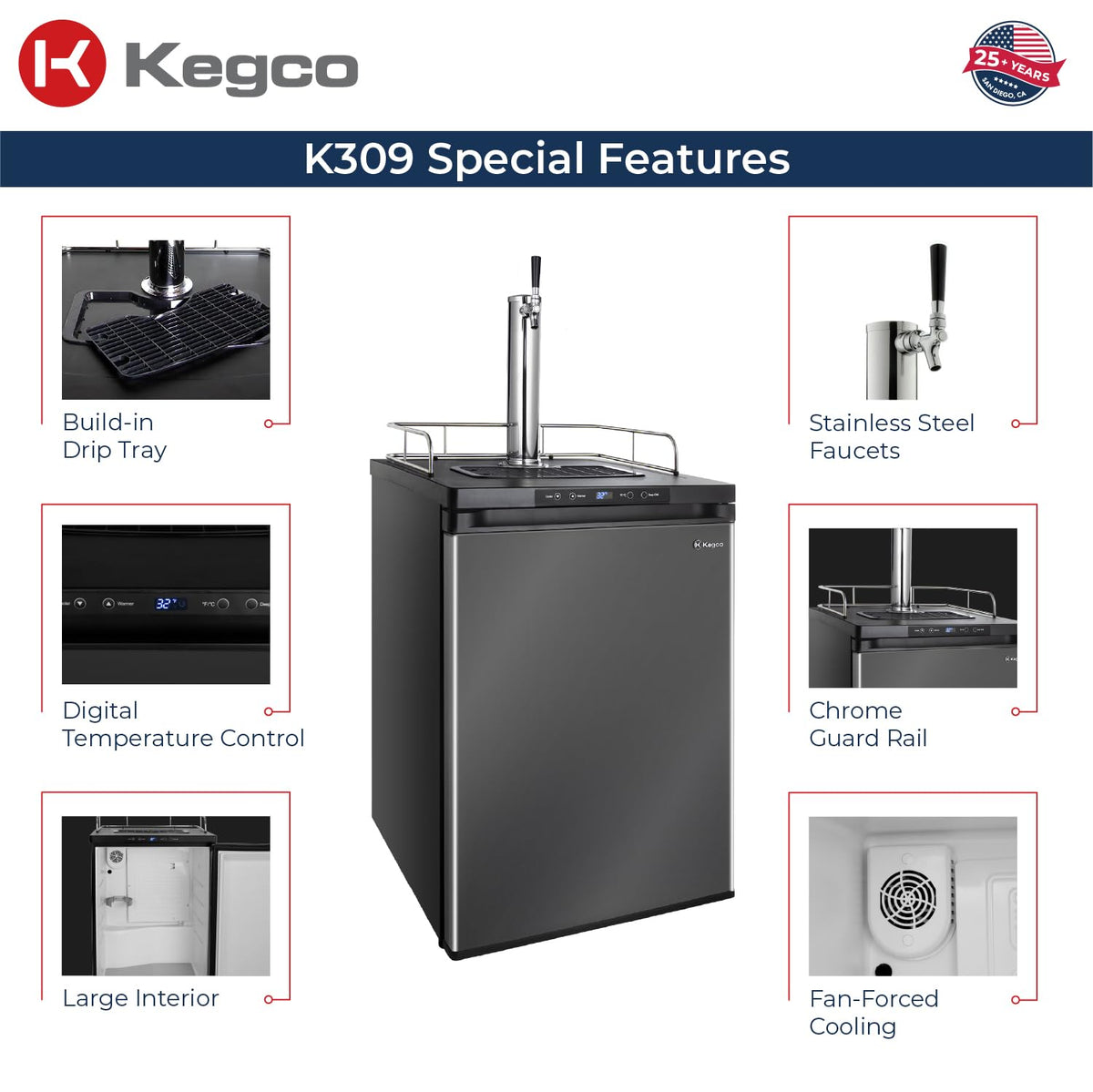 Kegco 3PK309X-1 Keg Dispenser, 1 Tap, Black Stainless Steel