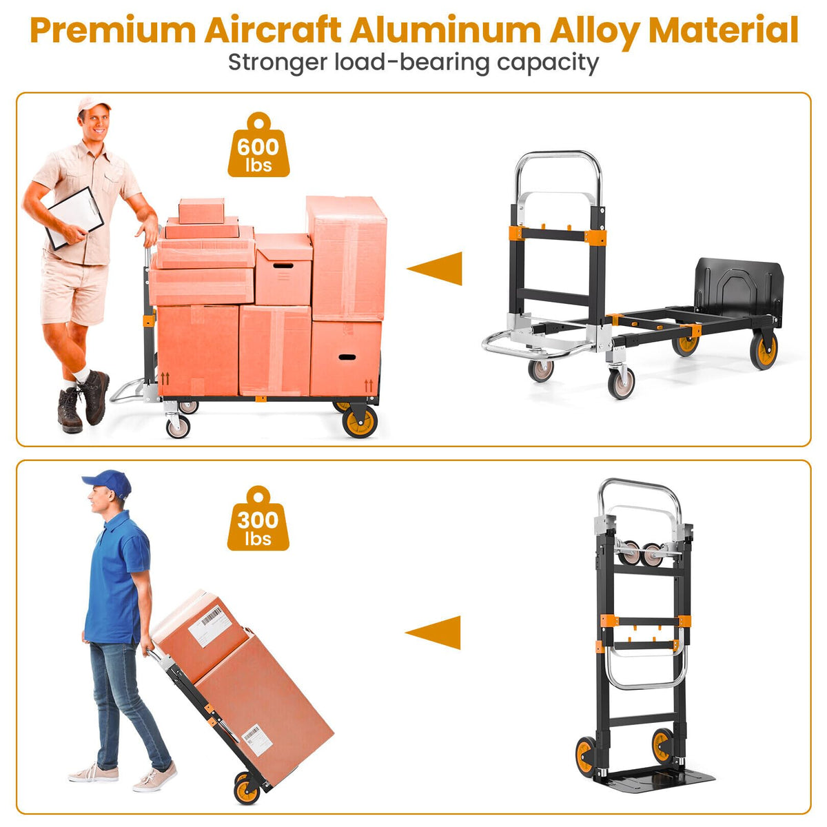 3-in-1 Convertible Heavy Duty Folding Hand Truck Dolly, 600LB Capacity with Rubber& Wheels Telescoping Handles, Portable Collapsible Cart for Warehouse, Supermarket, Office (Orange)