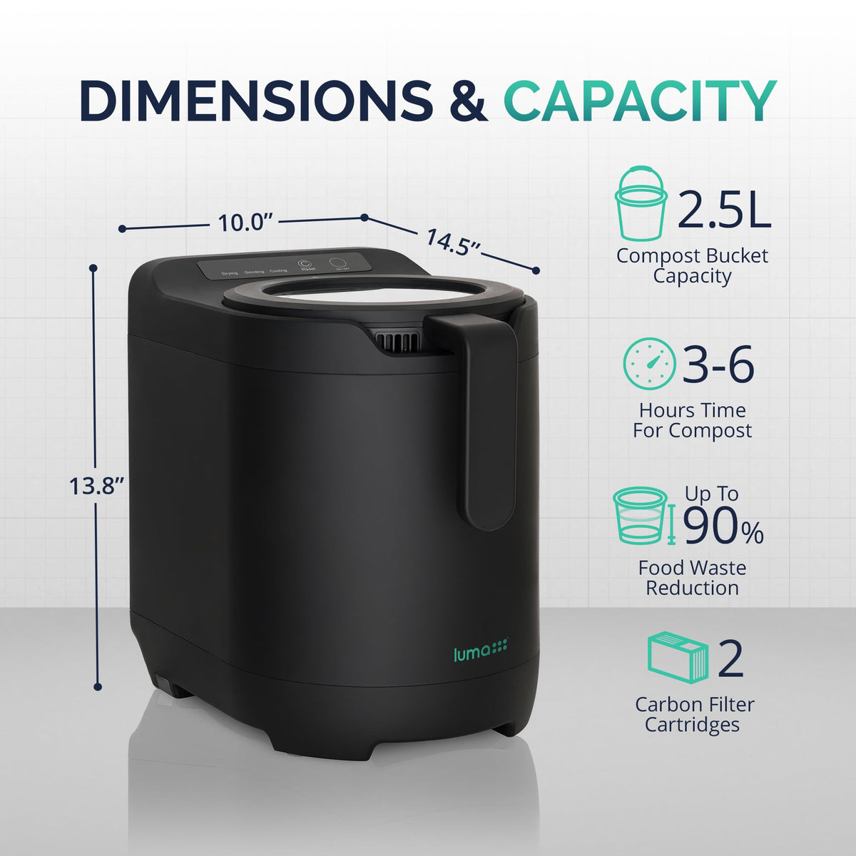 Luma® by Newair Electric Composter for Kitchen | 2.5L Odorless Kitchen Composter | Dishwasher Safe Indoor Compost Machine | 90% Volume Reduction in 3-6 Hours