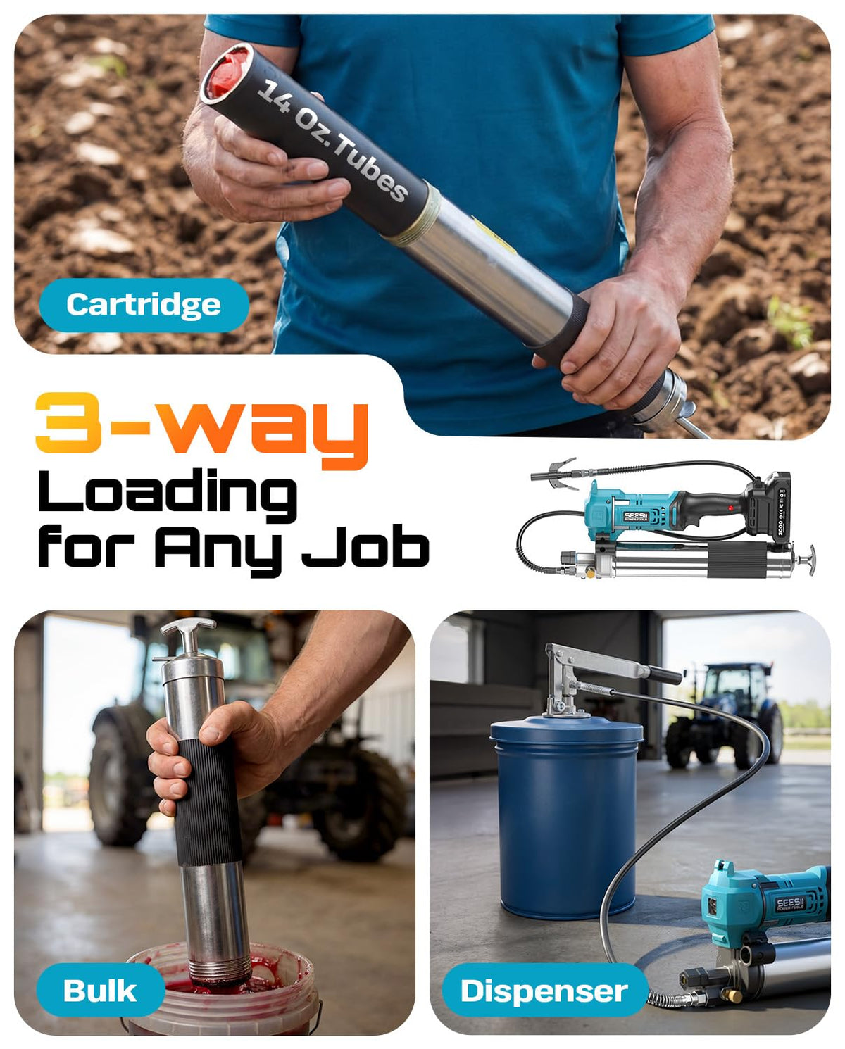 Seesii Electric Cordless Battery Grease Gun -10000 PSI with Quick-Release Coupler, 6.4 oz/min, 39.4" Flex Hose & 2 Batteries, Grease Guns for Truck, Car, Tractor,2026 Upgraded