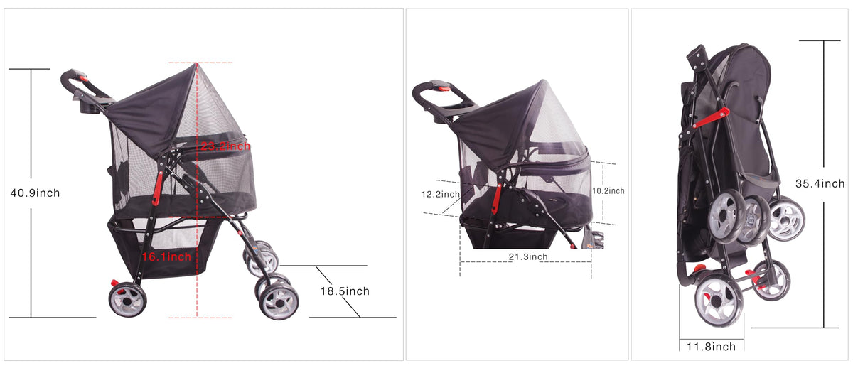 FOURPAW Full-Window pet Stroller 4 Wheels for Cats & Dogs, with Storage Basket,Cup Holder, Travel Puppy/Cats Stroller.