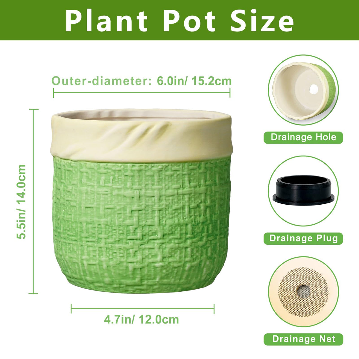 Teagas Ceramic Plant Pots - 6 Inch Plant Pot with Drainage Hole, Boho Planters for Indoor Succulent Plants, Decorative Round Unique Flower Pots, Garden Home Office Decor, Housewarming Gifts, Green