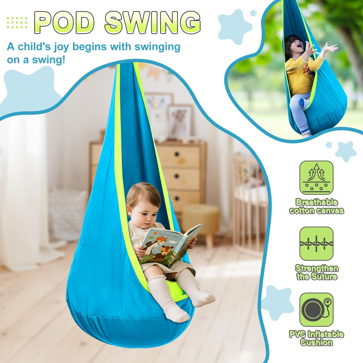 Swing Stand with Sensory Swing, Swing Frame with Pod Swing, X-Shaped Swing Set, Metal Swing Chiar with Stand for Adults Indoor and Outdoor 330LBS (Aqua Gradient)