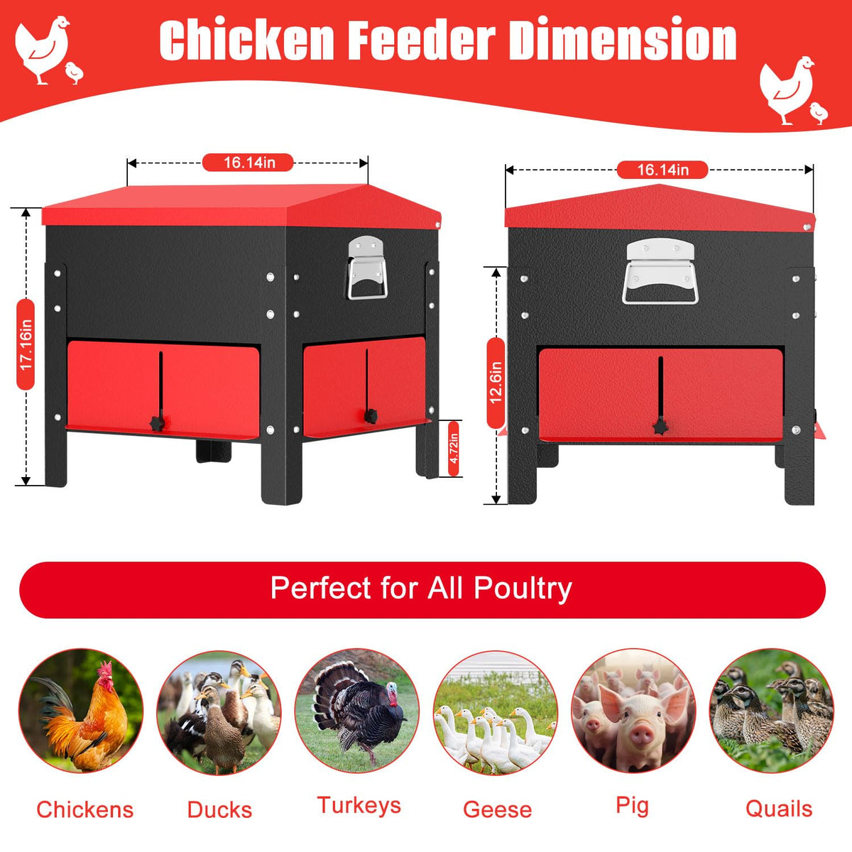 100lbs Automatic Chicken Feeder, Heavy Duty Galvanized Steel Poultry Feeder, Weatherproof & Secure-Lid for Outdoor Use, No Waste & Rodent-Proof for Chickens, Ducks, Turkeys