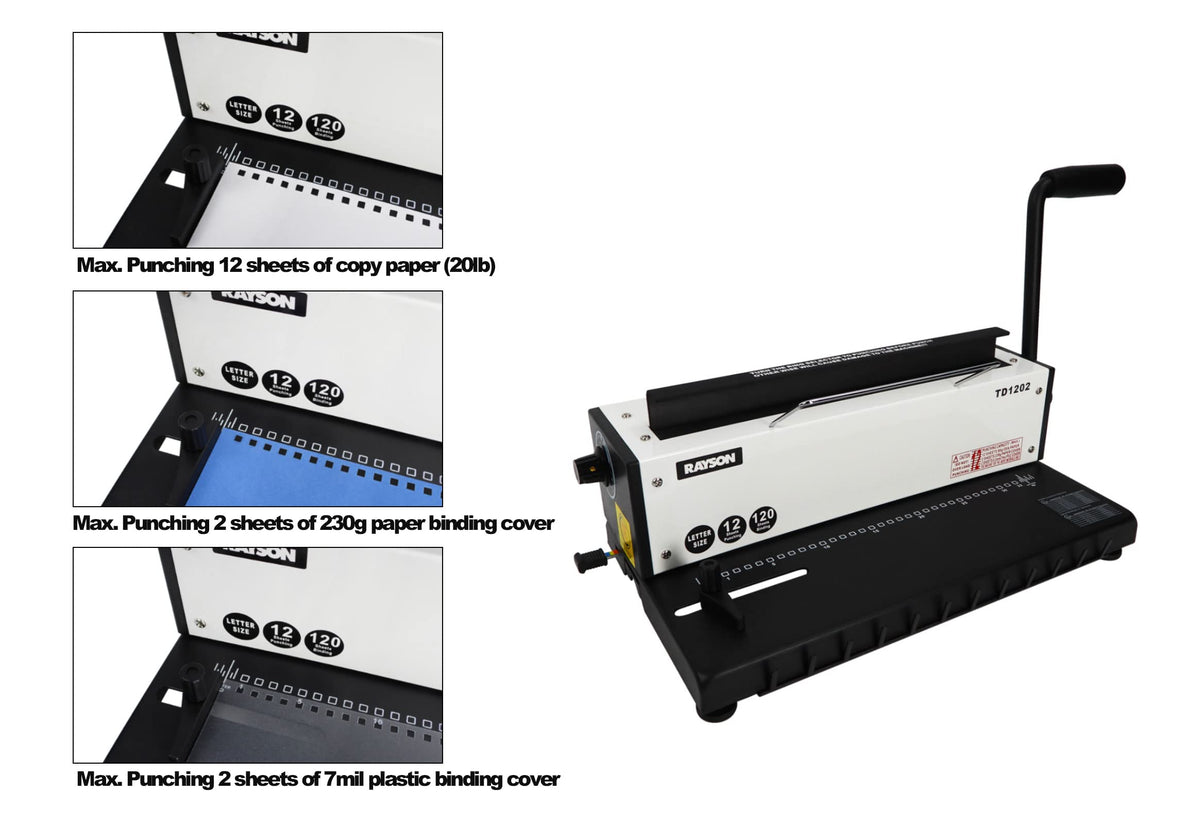 Rayson TD1202 Binding Machine, 3:1 Pitch Wire Binder, Punching 12 Sheets/Binding 120 Sheets with Sturdy Metal Construction