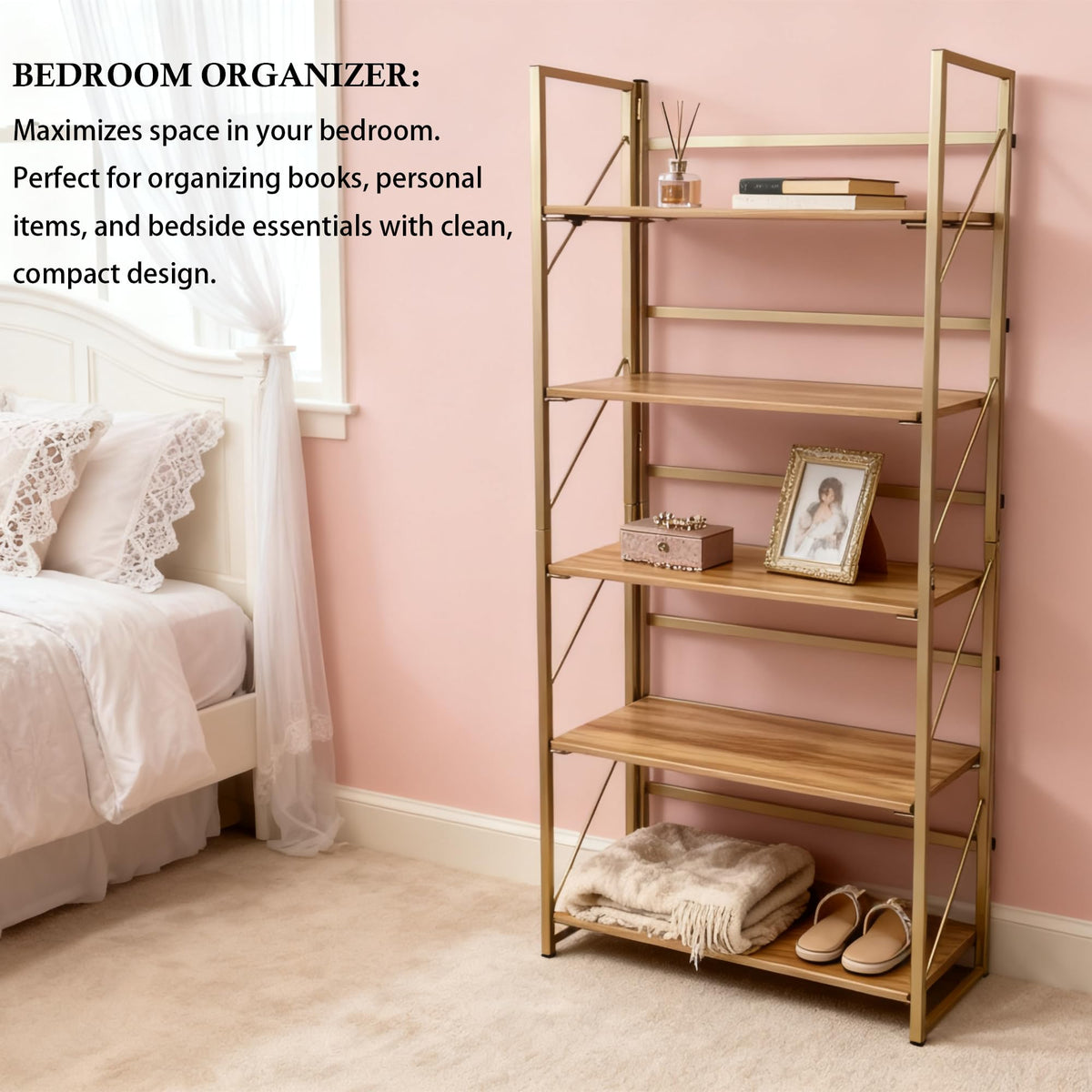 Kogven Folding Bookshelf, 2-in-1 Convertible Design, Multifunctional Plant Stand Storage Rack Shelves for Home Office, Easy Assembly, 5-Tier,Gold & Nature Wood