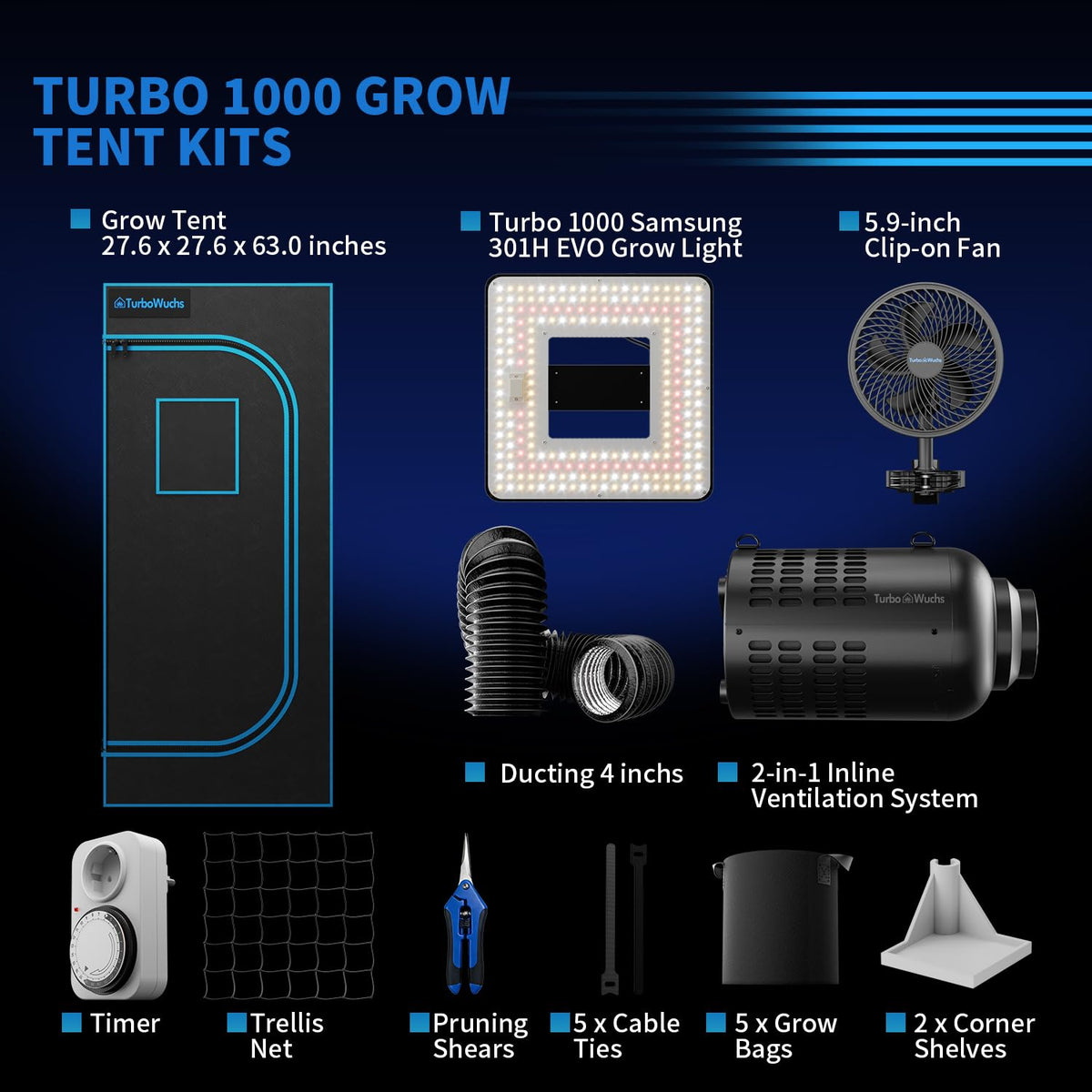 Grow Tent Kit Complete System 2.3x2.3 ft, 100W LED Grow Light with LM301H EVO & Sunrise Timer, 1680D High-Reflective Mylar Tent, 4 Inch Smart 2-in-1 Ventilation System with Carbon Filter & Clip Fan