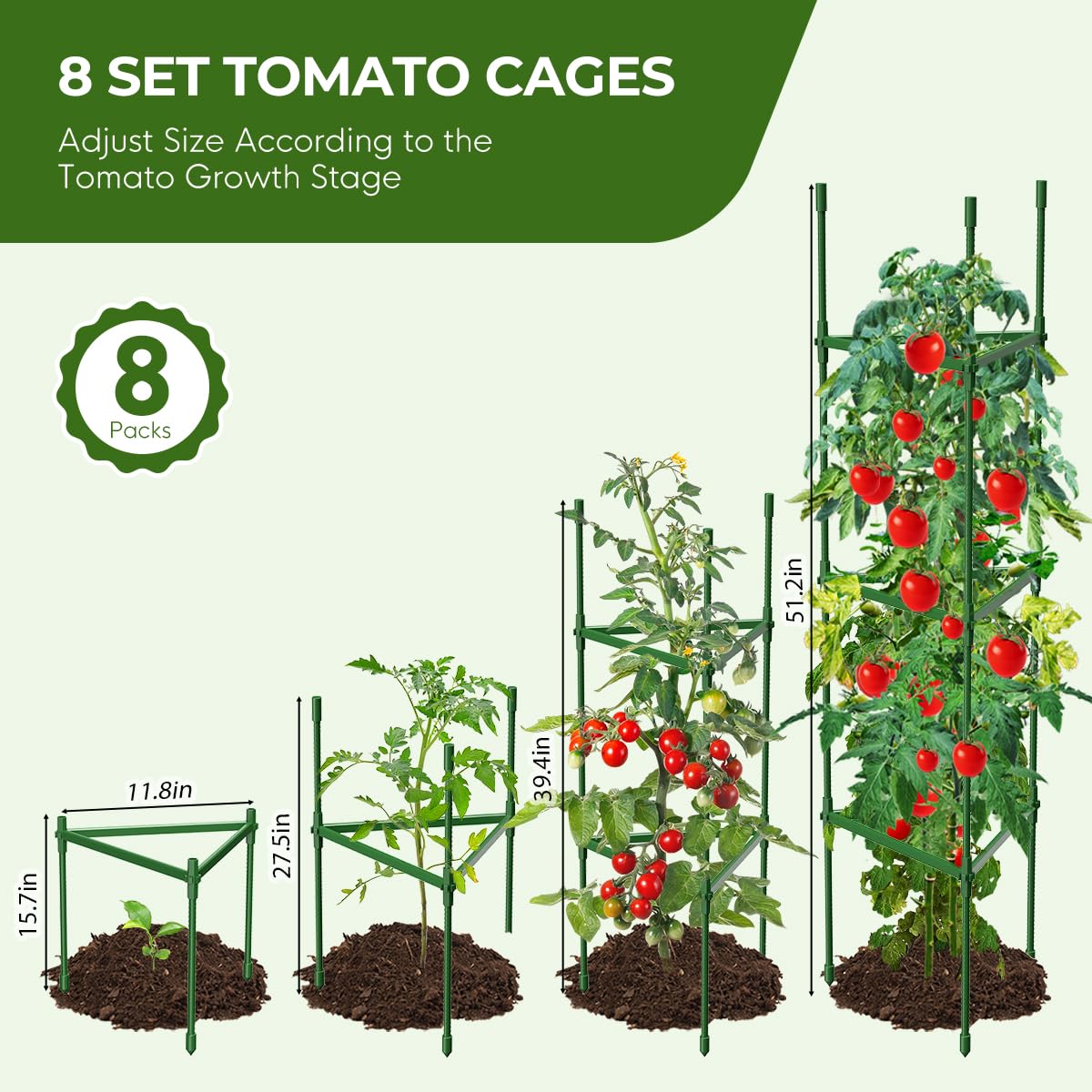 8PCS Tomato Cages for Garden, Tomato Trellis for Raised Garden Bed, 51.2" Tall Cage Plant Support for Pots, Gardening Supplies Trellis for Climbing Plants (8PCS，High: 51.2 Inch)