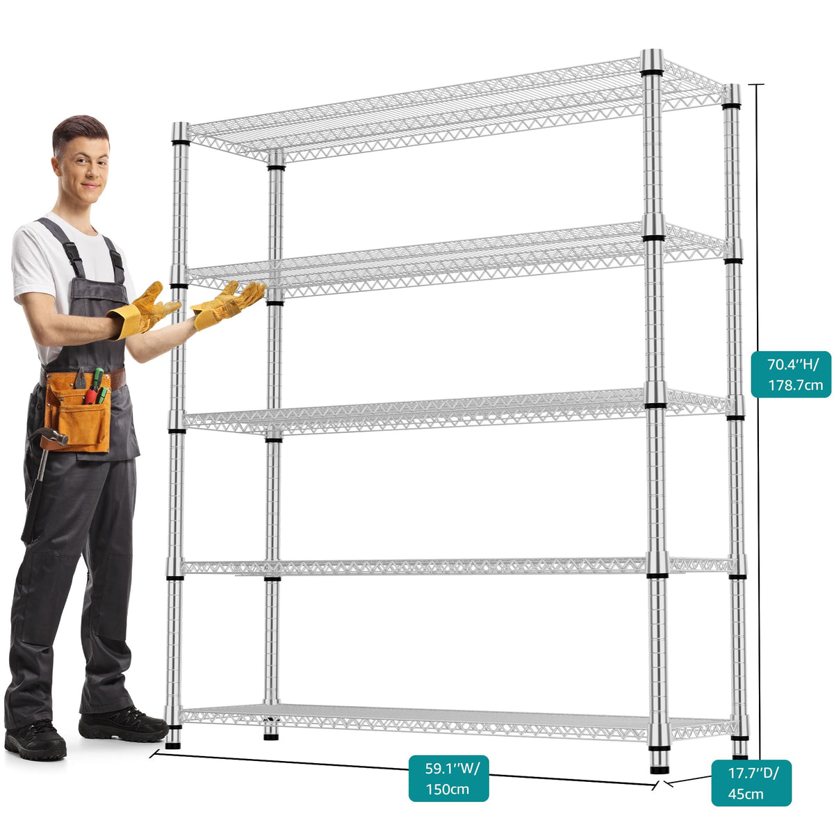 M MZG 5 Tiers Shelf 3300 lbs Steel Storage Shelving Utility Shelving Unit Steel Organizer Wire Rack for Home,Kitchen,Office,Garage Chrome 17.7" D x 47.2" W x 70.3" H