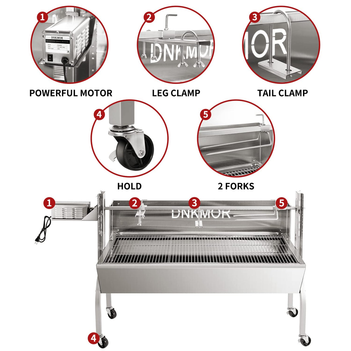 Rotisserie Grill Stainless Steel Charcoal Spit Roaster, 50" Pig Lamb Hooded Roaster Charcoal Spit with 30W Motor & Adjustable Height Lockable Casters for Outdoor Camping Party, Rated 150 LB