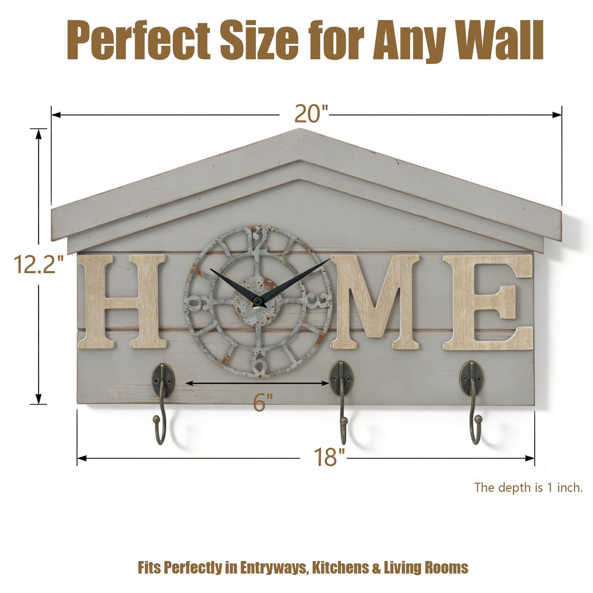 Farmhouse Battery Operated Wall Clock with Hooks Rustic Wooden Entryway Organizer with 3 Metal Hooks Key Hanger HOME letters Silent Quartz Clock Key Holder Wall Decor for Entryway Kitchen, Living Room