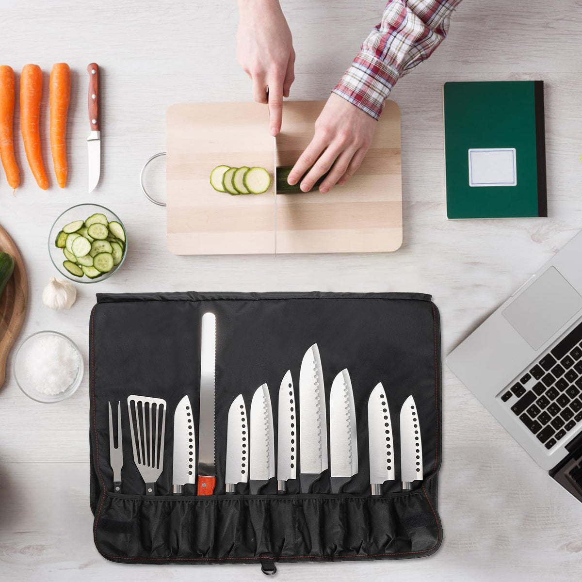 Tosnail Chef Knife Case Roll Bag with 21 Slots & 1 Large Zipper Pocket, Easy Carry Handle and Shoulder Strap - Black