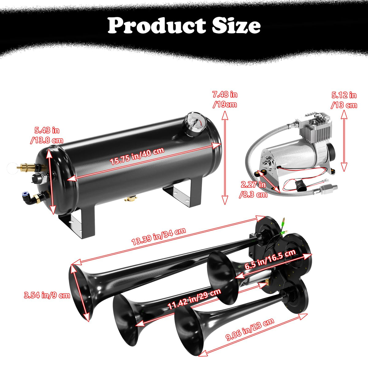 150DB Train Air Horn Kit, 4 Horn Kits for 150 PSI 12V Air Compressors, Ultra Loud Air Horn With Built-in 90-120 PSI Pressure Switch and Temperature Controller for Truck Complete Kit, Black 1.59 Gallon