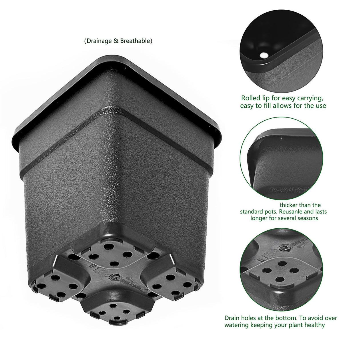 YSMN 10 Pcs 1.4 Gallon Black Square Nursery Pots with Drainage Holes and Plant Flexible Seedling Pots Seed Starting Planter for Indoor Outdoor Flowers