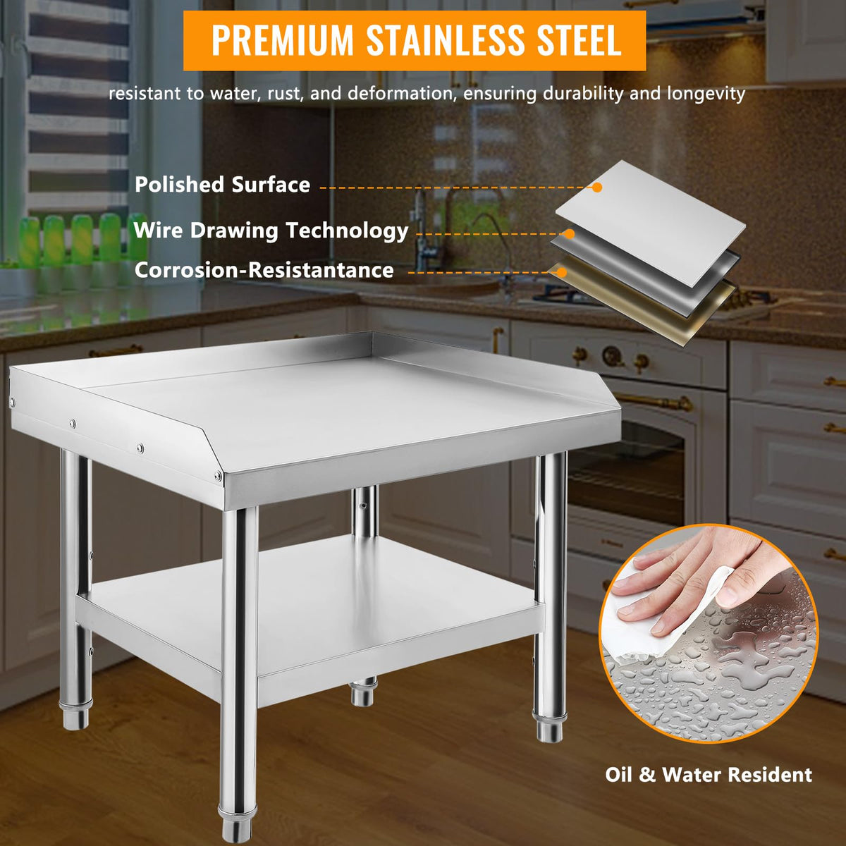 MOVECOM Stainless Steel Equipment Grill Stand Table 24x24x24 inch, 1000 lbs Top Shelf, 220 lbs Bottom Shelf, Adjustable Legs, 2" Edge Baffle, for Hotel, Home, Commercial Restaurant Kitchen