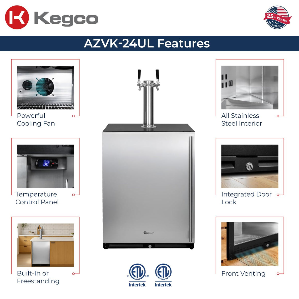 Kegco 24" Wide Dual Tap Stainless Steel Built-In Left Hinge Kegerator with Dispense Kit